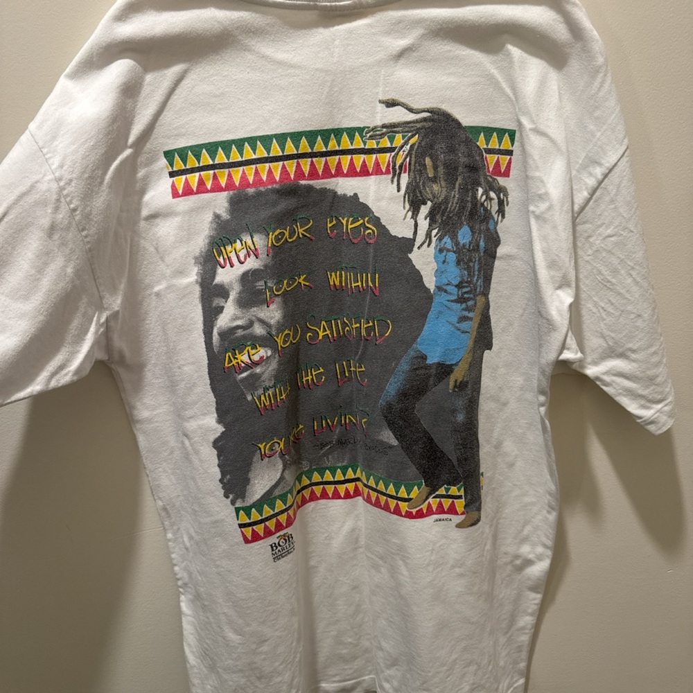 White Bob Marley Graphic T-Shirt with Colorful Designs